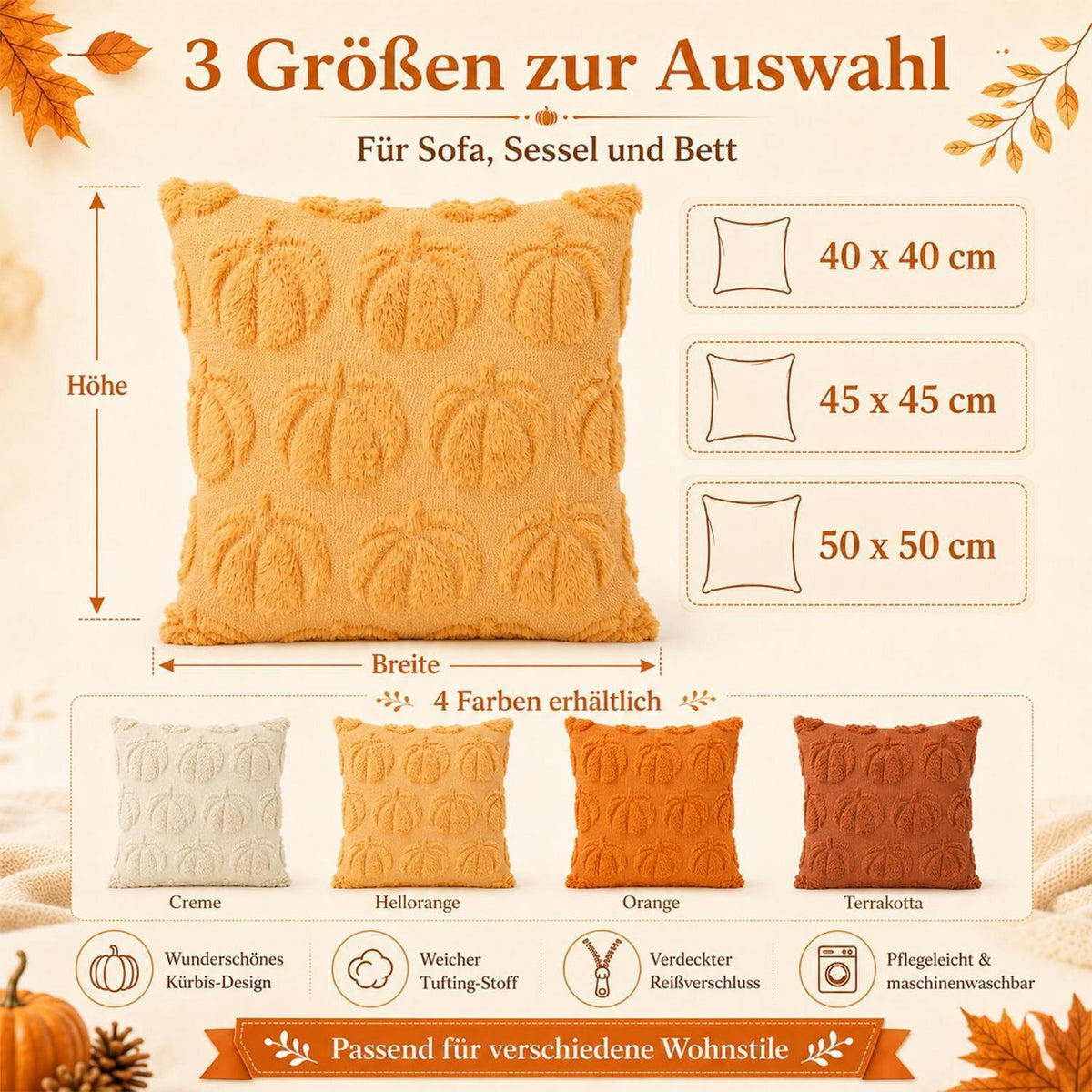 4er-Set Herbstkissenbezüge 45x45cm Kürbisdeko Orange