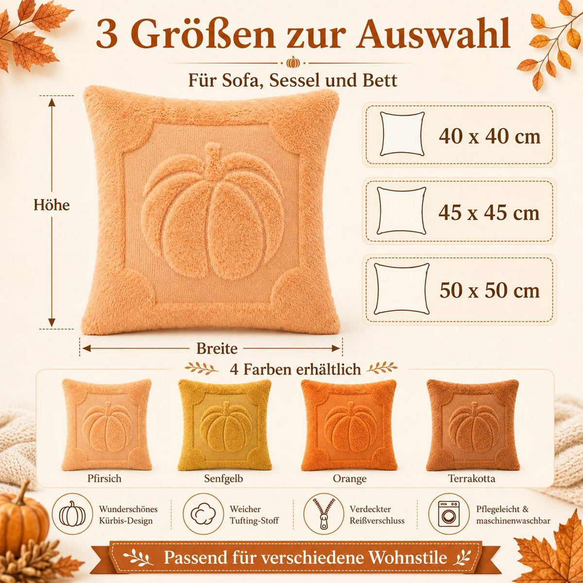 4er-Set Herbstkissenbezüge 40x40cm Kürbisdeko