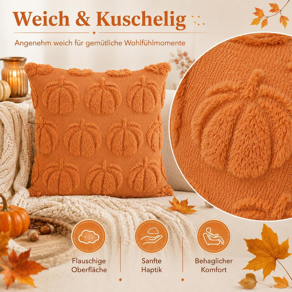 4er-Set Herbstkissenbezüge 45x45cm Kürbisdeko Orange