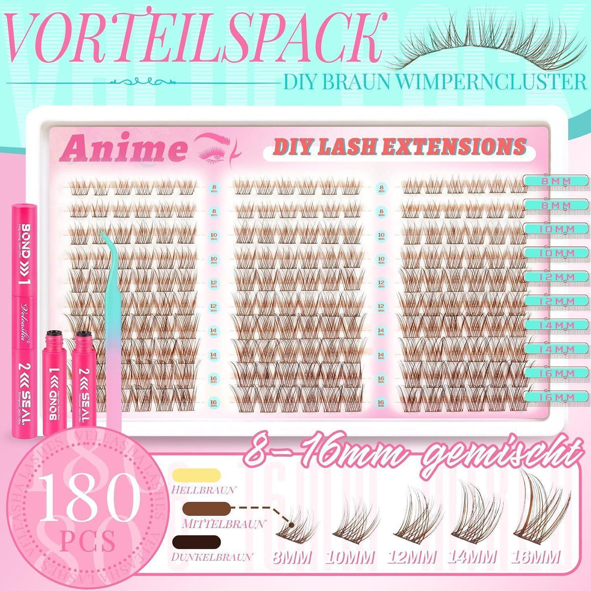 Braune Manga Lash Cluster Wimpern Extensions Set