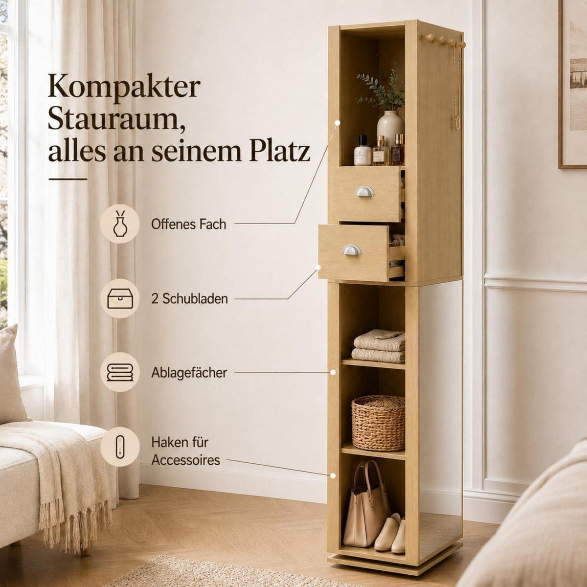 Drehbarer Spiegelschrank mit Stauraum – 360° Hochschrank für Flur