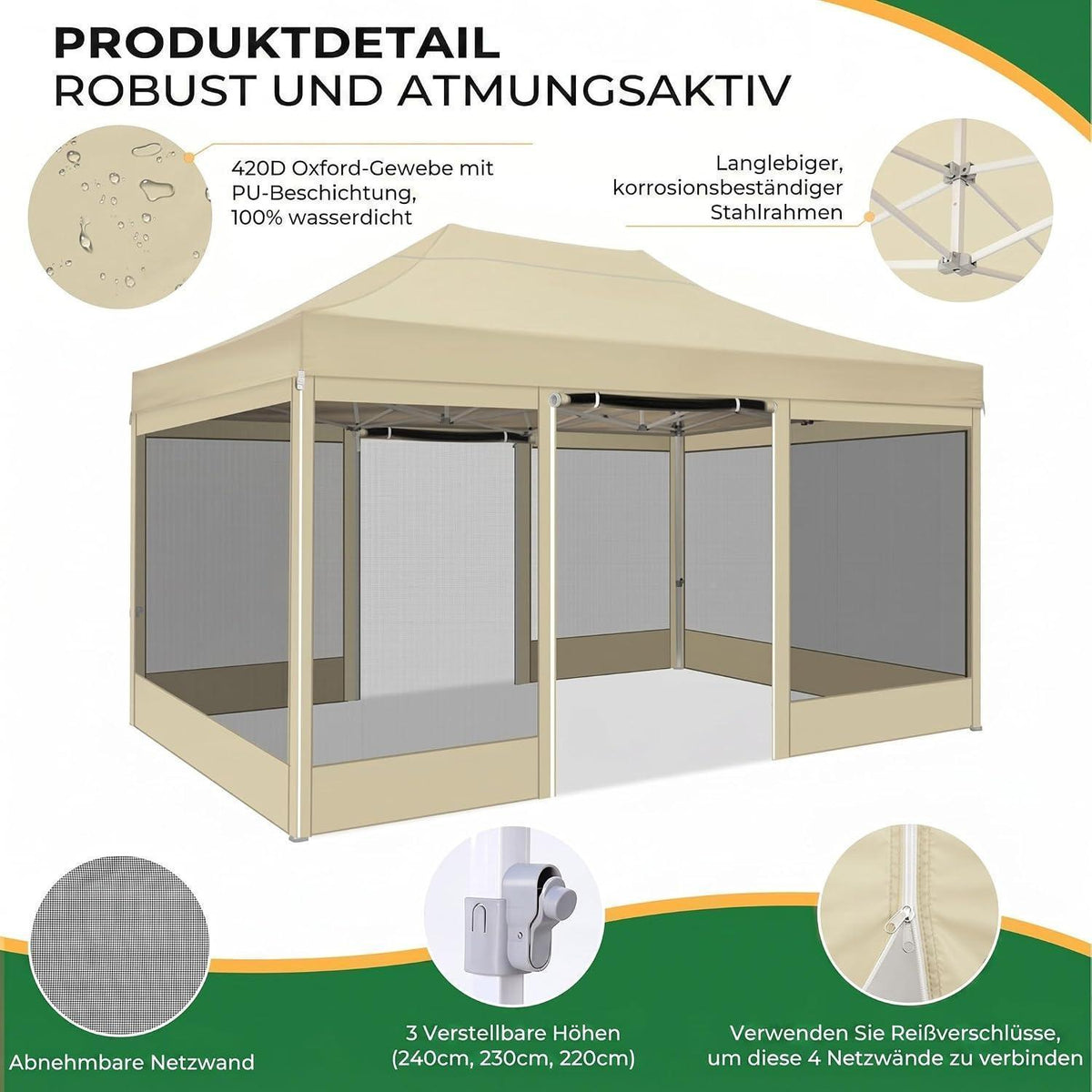 Faltpavillon 3x4,5 Wasserdicht mit Seitenwänden & Moskitonetz