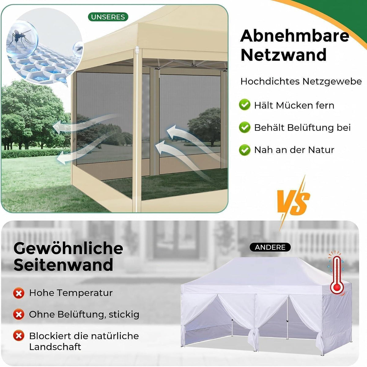 Faltpavillon 3x4,5 Wasserdicht mit Seitenwänden & Moskitonetz