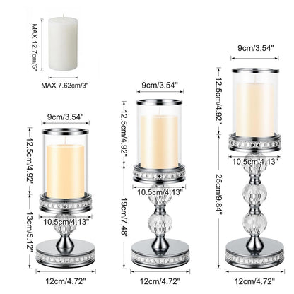 Stumpenkerzenhalter mit Glas, 3er Set, Silber, 25.5/31.5/37.5cm