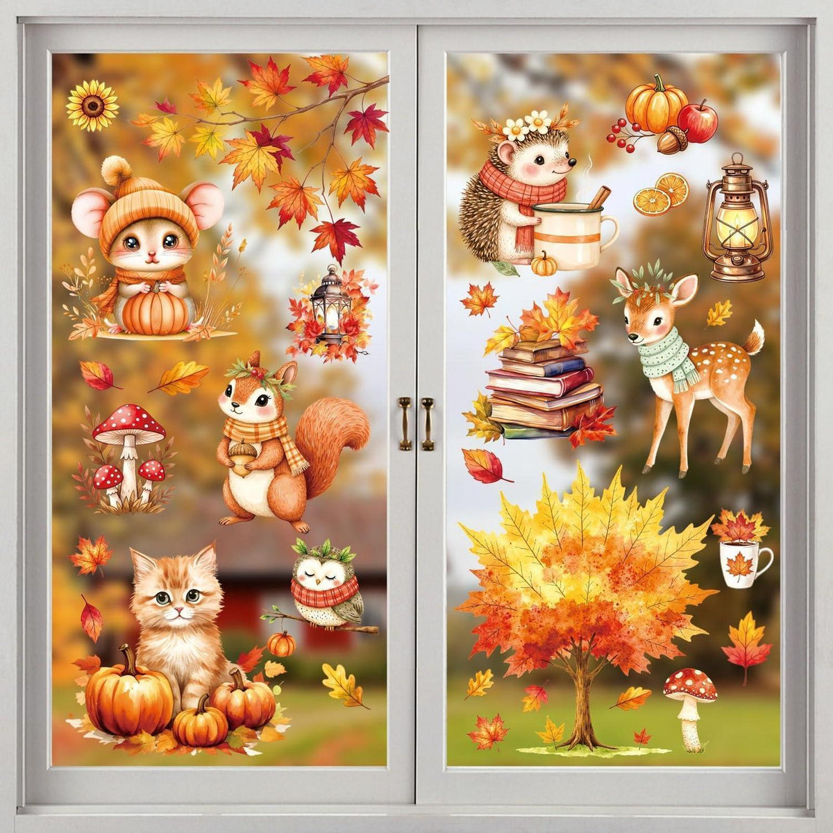 Herbst Fensterbilder Tiere & Kürbisse – Selbstklebend 9er Set