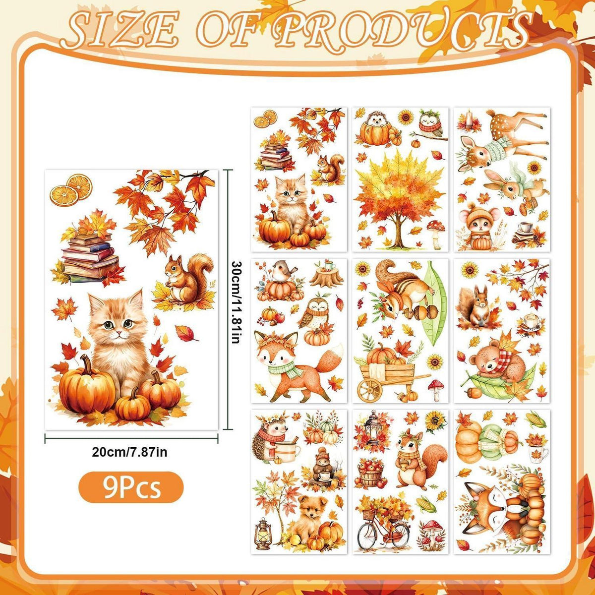Herbst Fensterbilder Tiere & Kürbisse – Selbstklebend 9er Set