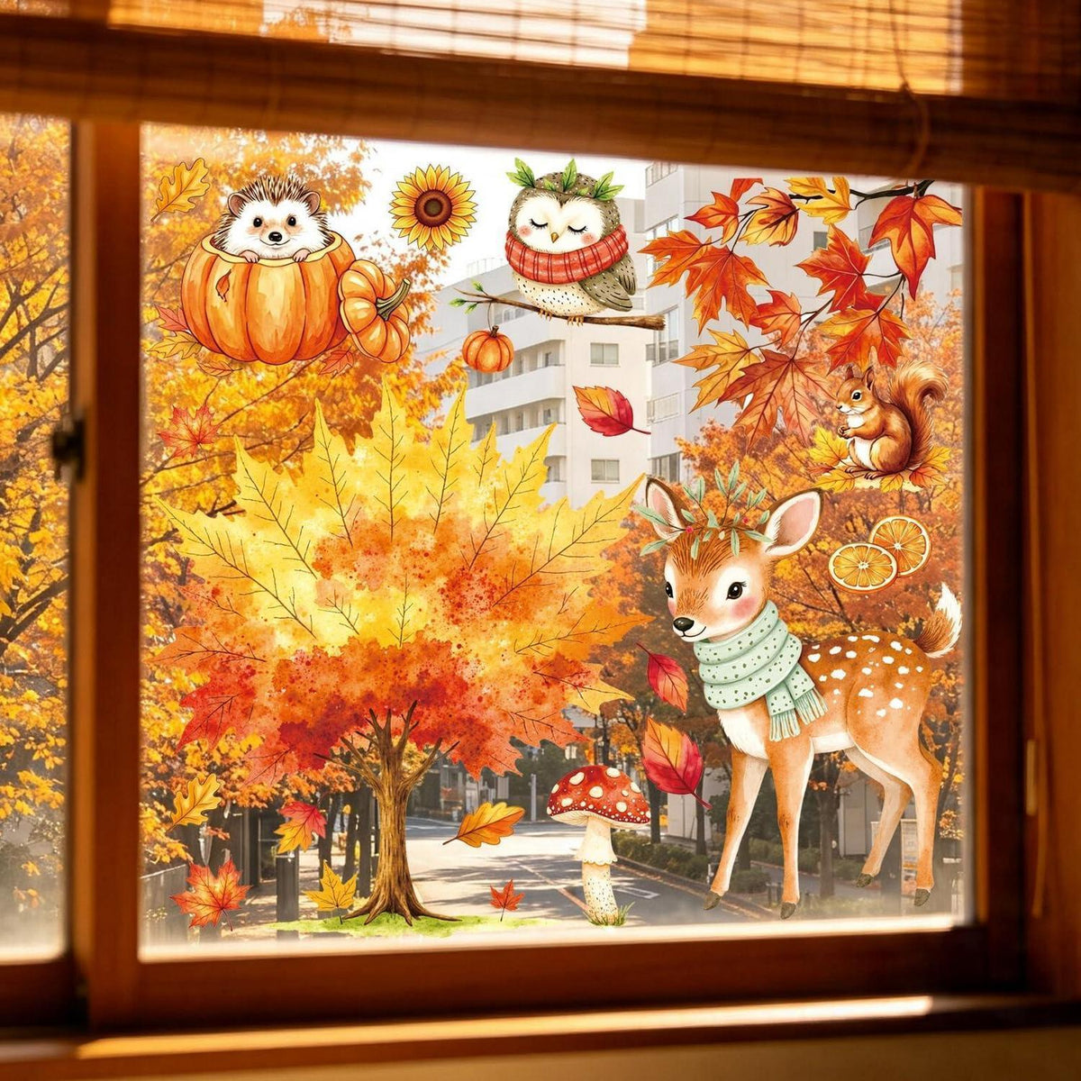 Herbst Fensterbilder Tiere & Kürbisse – Selbstklebend 9er Set