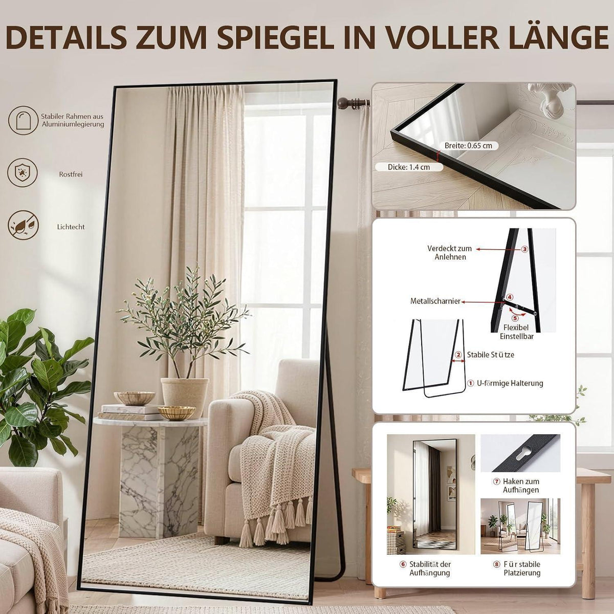 Ganzkörperspiegel 171x76cm – Stand- & Wandspiegel Schwarz