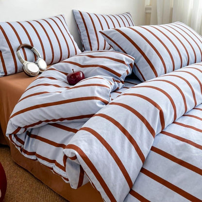 Bettwäsche Set Blau Braun Gestreift 155x220 + 80x80 cm