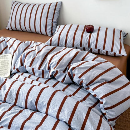 Bettwäsche Set Blau Braun Gestreift 155x220 + 80x80 cm