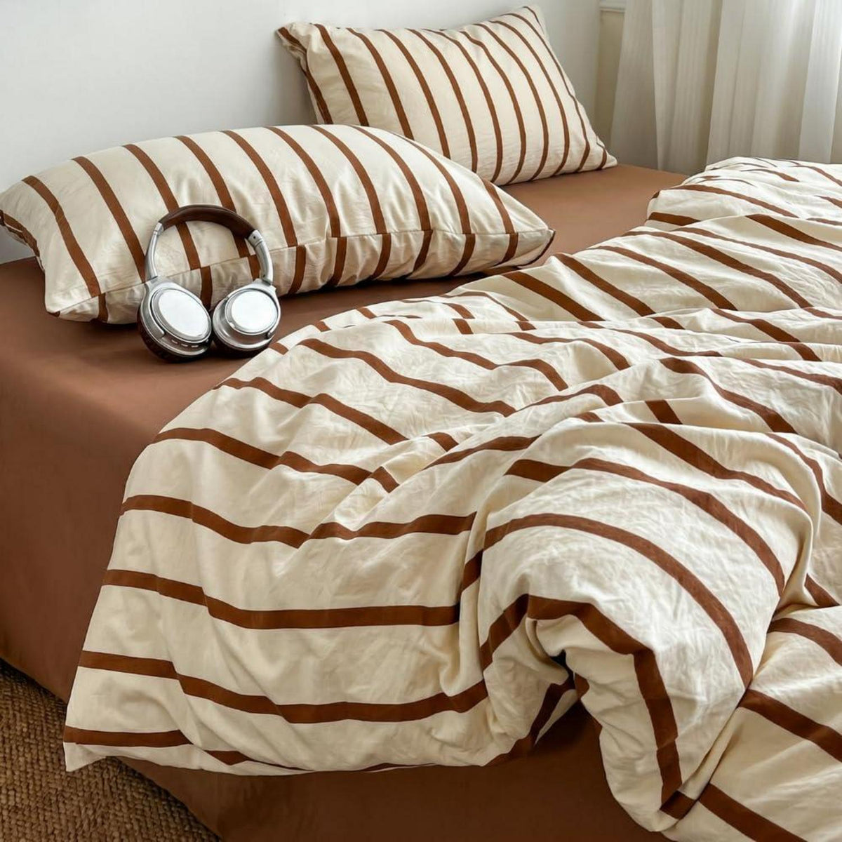 Vintage Bettwäsche-Set 220x240 Beige Braun Gestreift 3-teilig