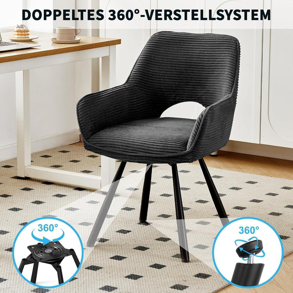 360° Drehbarer Esszimmerstuhl mit Armlehnen, Schwarz