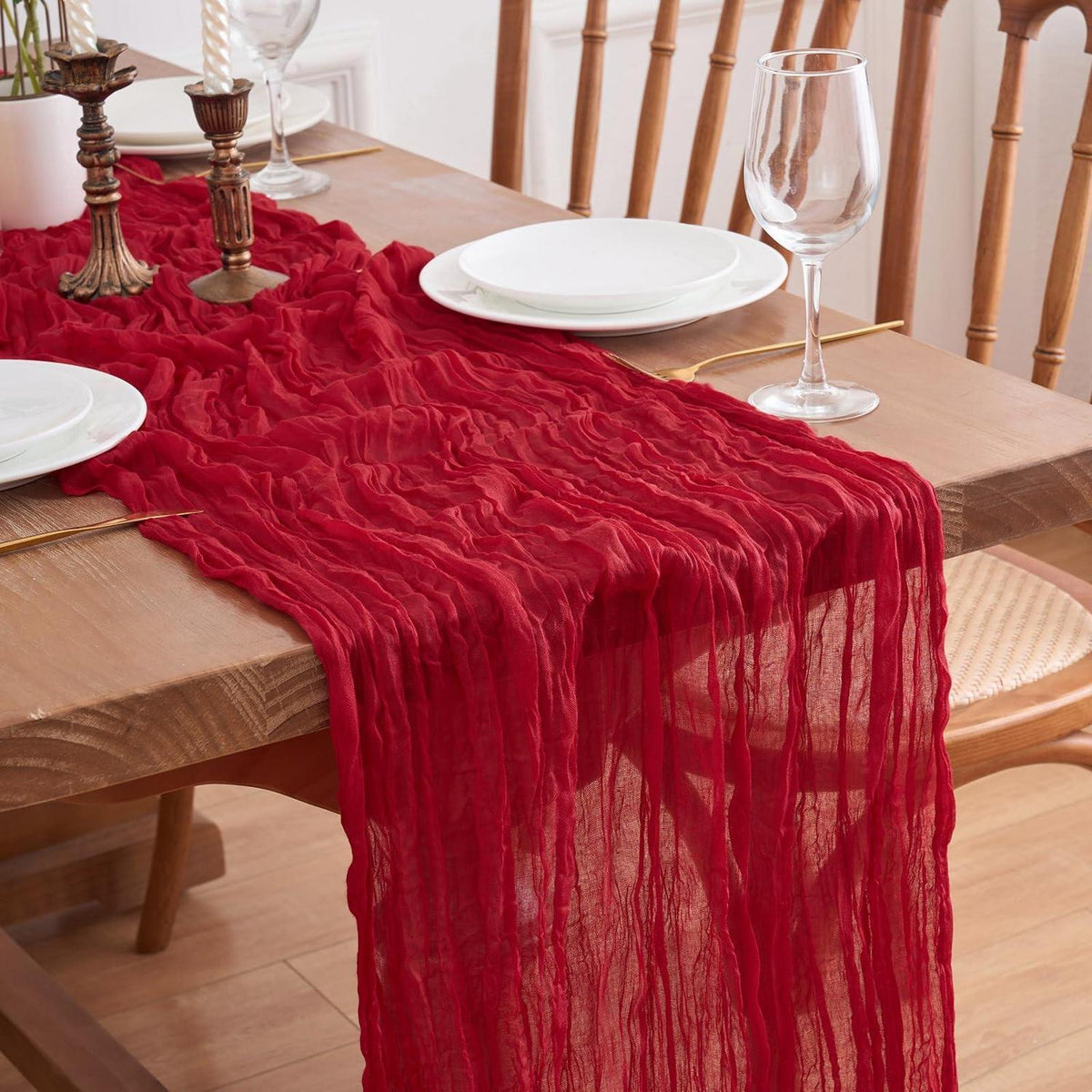6x Tischläufer Boho Gaze 90x300cm Rot – Rustikale Tischdeko
