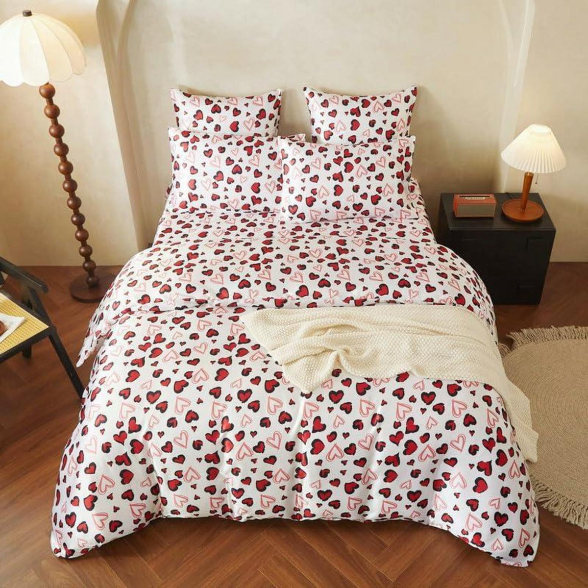 Satin Bettwäsche Set 135x200 Rot Schwarz Herzen