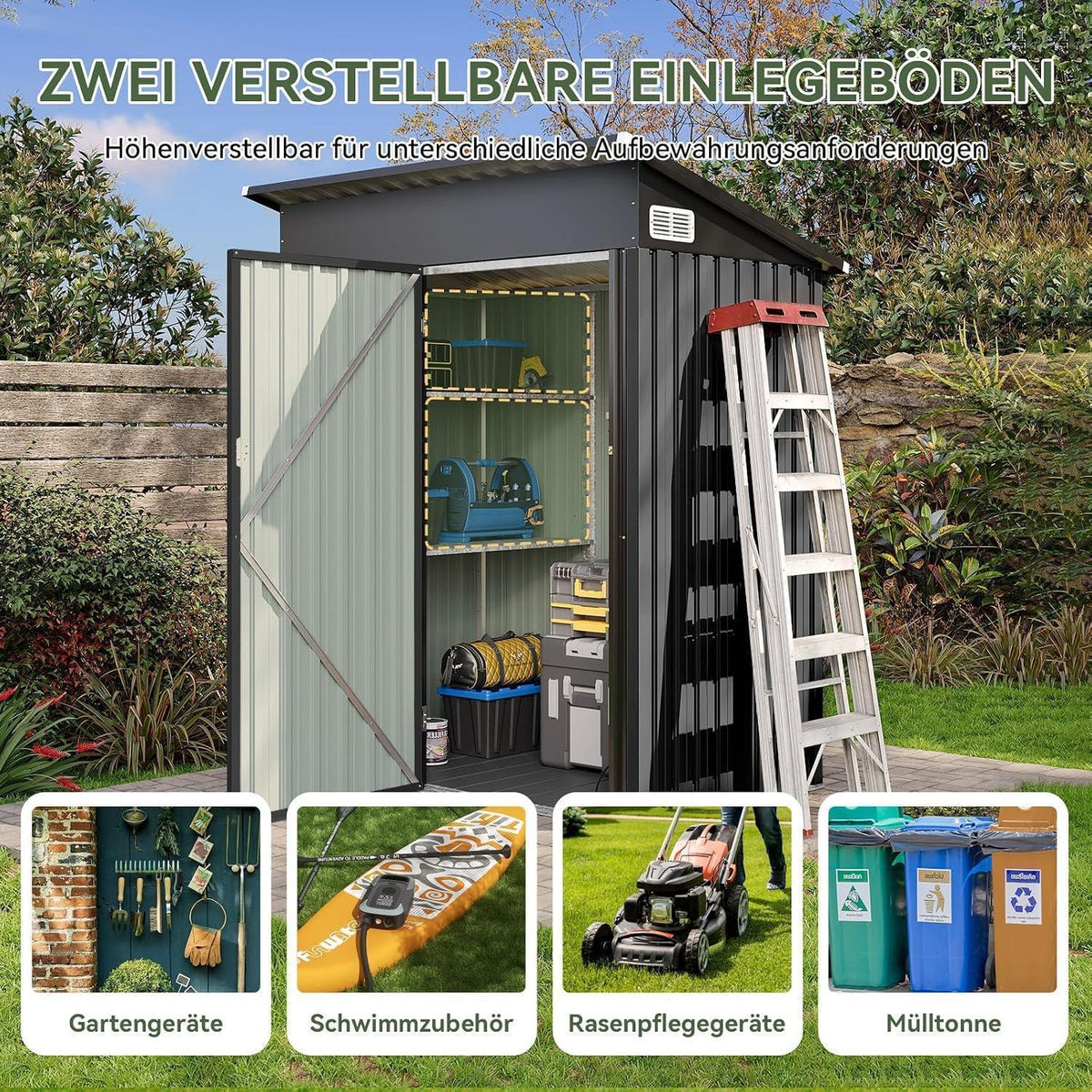 Metall Gerätehaus mit Boden & 2 Einlegeböden (90x150cm)