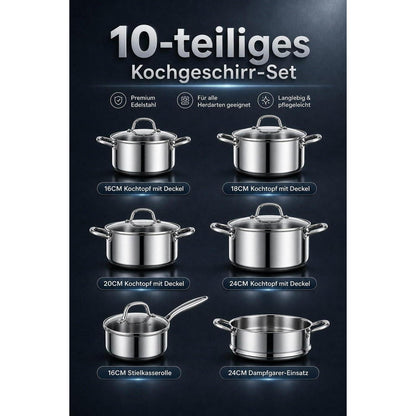 10-teiliges Edelstahl Kochtopf-Set mit Glasdeckeln