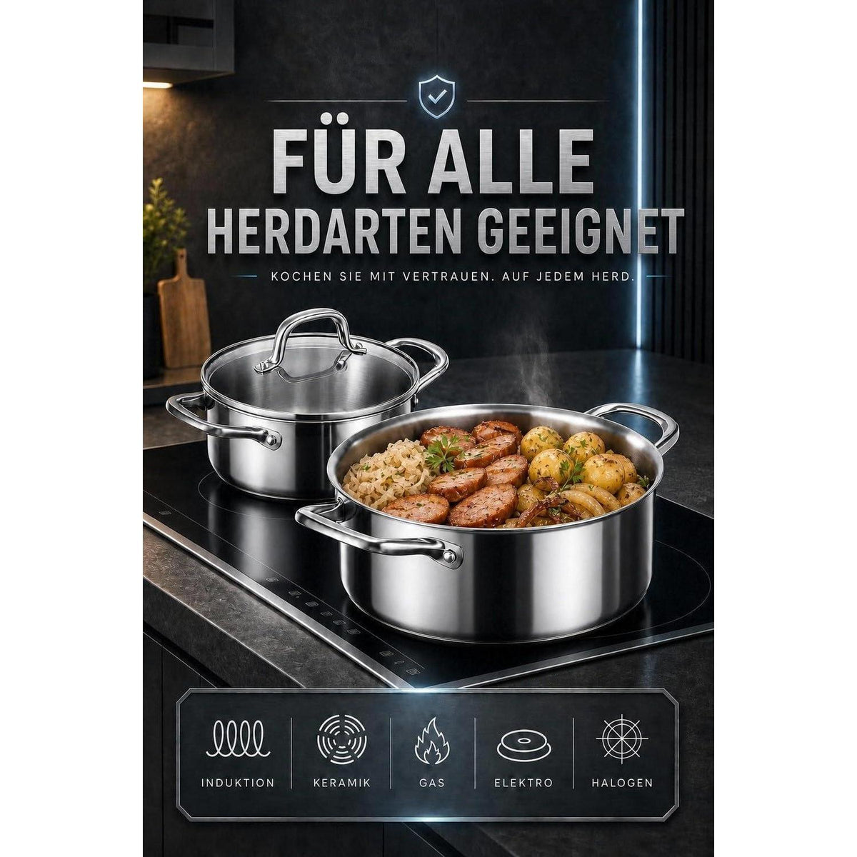 10-teiliges Edelstahl Kochtopf-Set mit Glasdeckeln