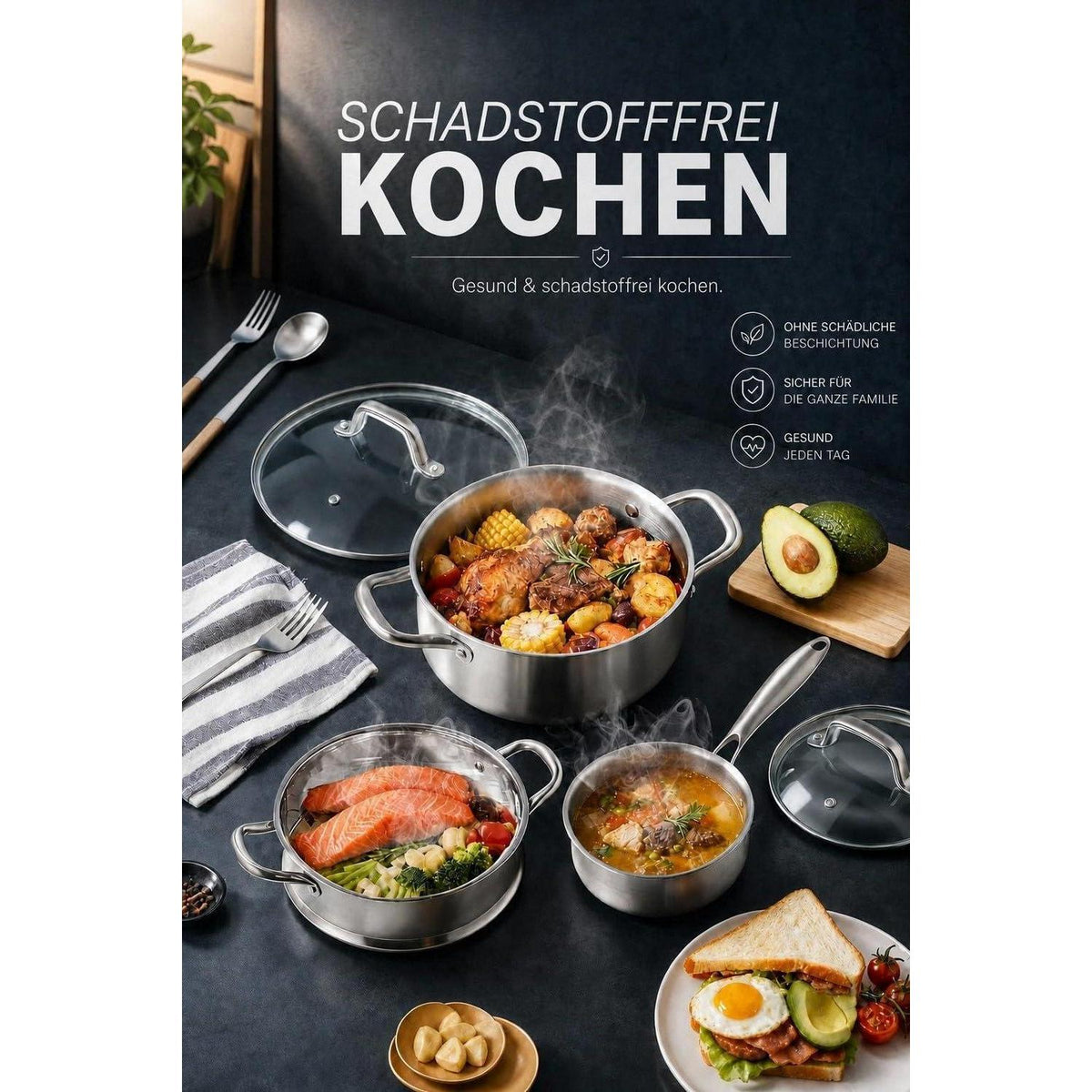 10-teiliges Edelstahl Kochtopf-Set mit Glasdeckeln