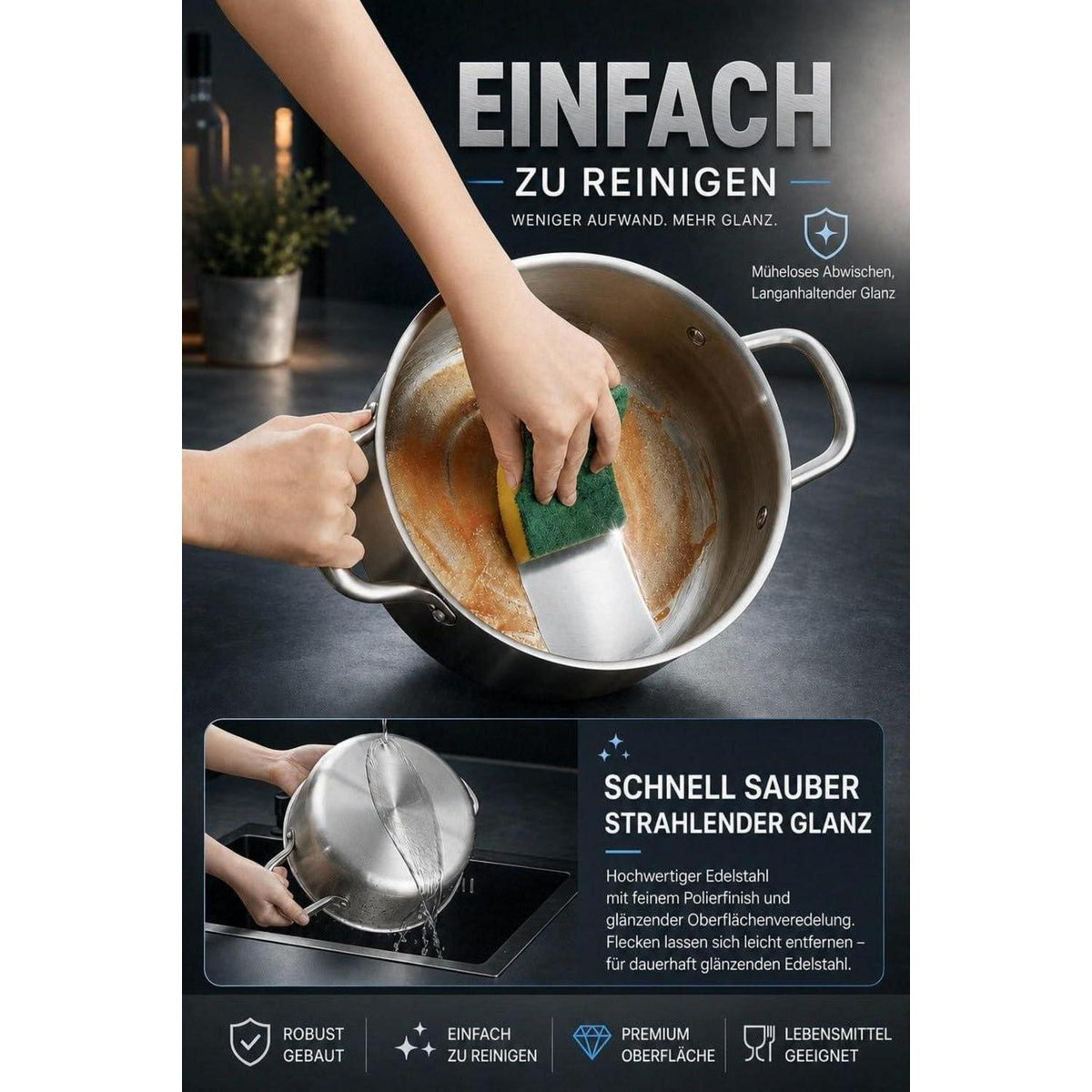10-teiliges Edelstahl Kochtopf-Set mit Glasdeckeln