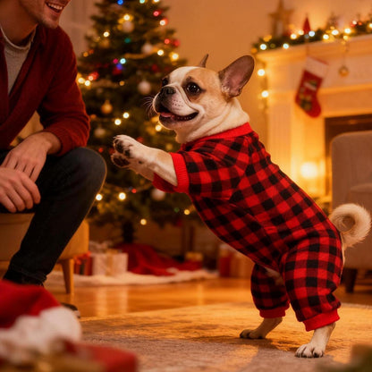 Hundepyjama Fleece Rot, Größe M - Weihnachtlicher Schlafanzug