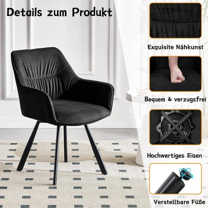 Drehbarer Esszimmerstuhl mit Armlehne & Kurzflor-Stoff Schwarz